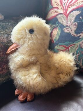 Vintage Handcrafted Furry Duckling Plushy Soft Sculpture - Leather Wings & Feet